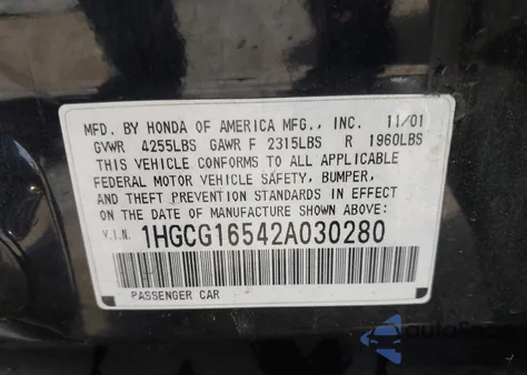 2002 Honda Accord Ex z USA, uszkodzony, nr VIN 1HGCG16542A030280